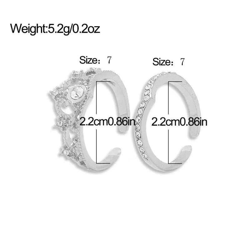 2PCS Adjustable Crystal Crown Rings Set for Women Girls - Vintage Jewelry