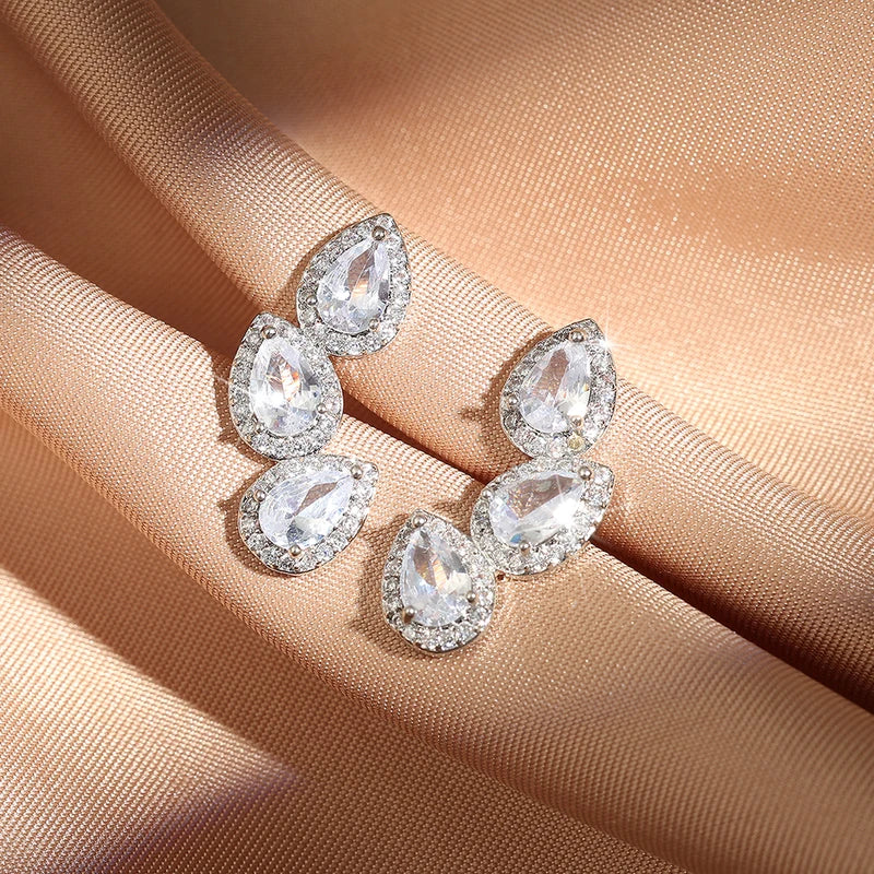Luxury Zircon Leaf Stud Earrings for Women - Crystal Water Drop Ear Jewelry