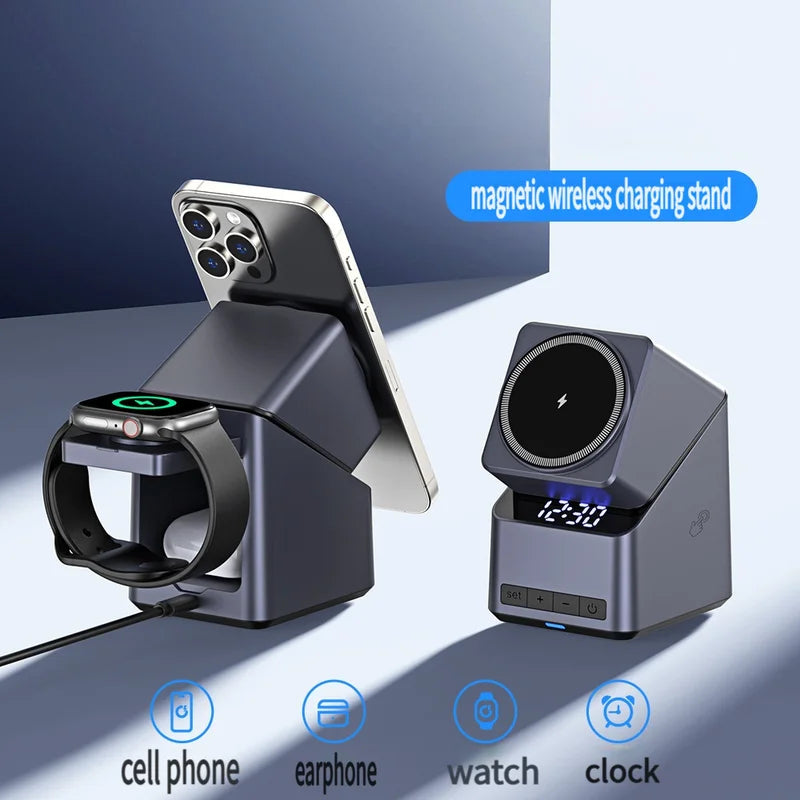 4-in-1 Magnetic Wireless Charger Station with Digital Clock, Fast Charging for iPhone, Apple Watch, AirPods, 180° Rotation