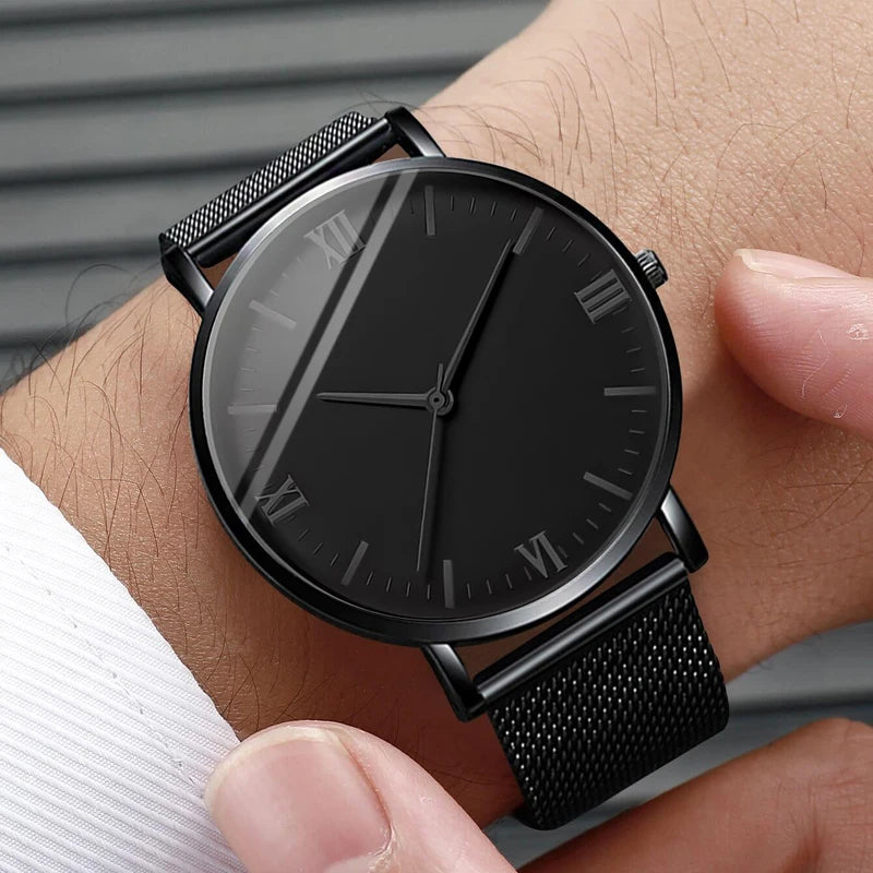 Men's Fashion Quartz Watch with Steel Mesh Band and Bracelet Set - Waterproof