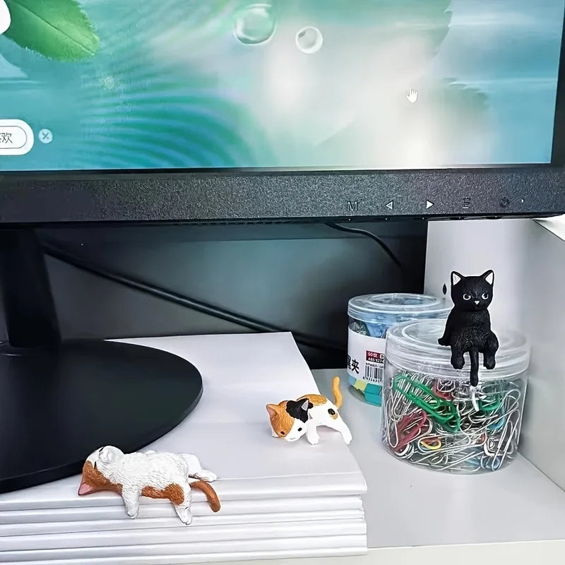 Set of 5 Cute Healing Cat Monitor Decorations - Kawaii Screen Edge Figurines for Office Desk, Anti-Loneliness Companion
