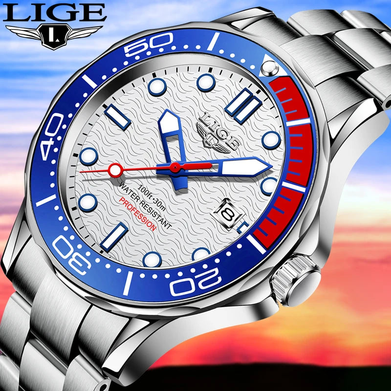 Luxury Men's Dive Watch Waterproof Sport Quartz Watch with Date and Luminous Dial
