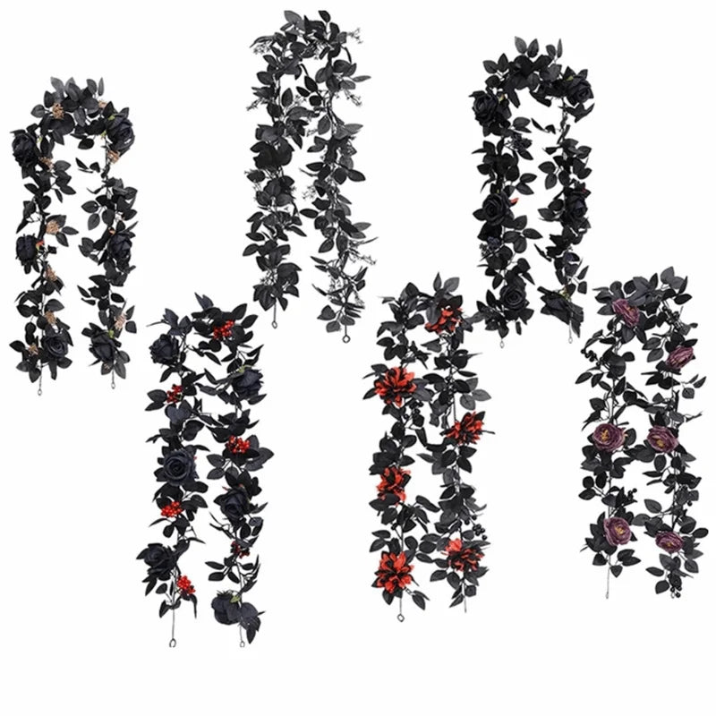 Black Halloween Rose Leaf Vines 175cm Artificial Flowers Garland for Decor