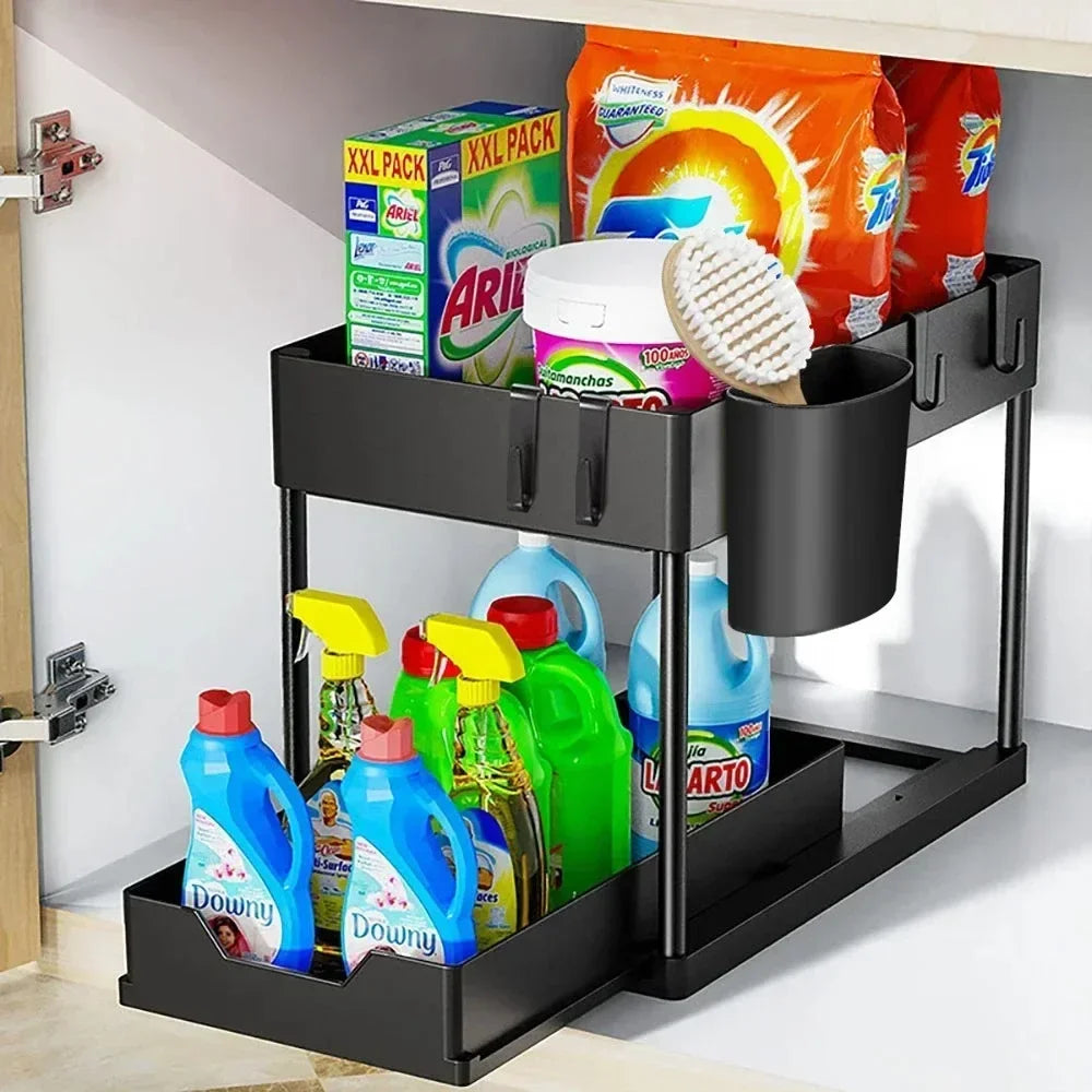 2-Tier Multi-Function Kitchen Sink Organizer with Sliding Drawers and Hooks