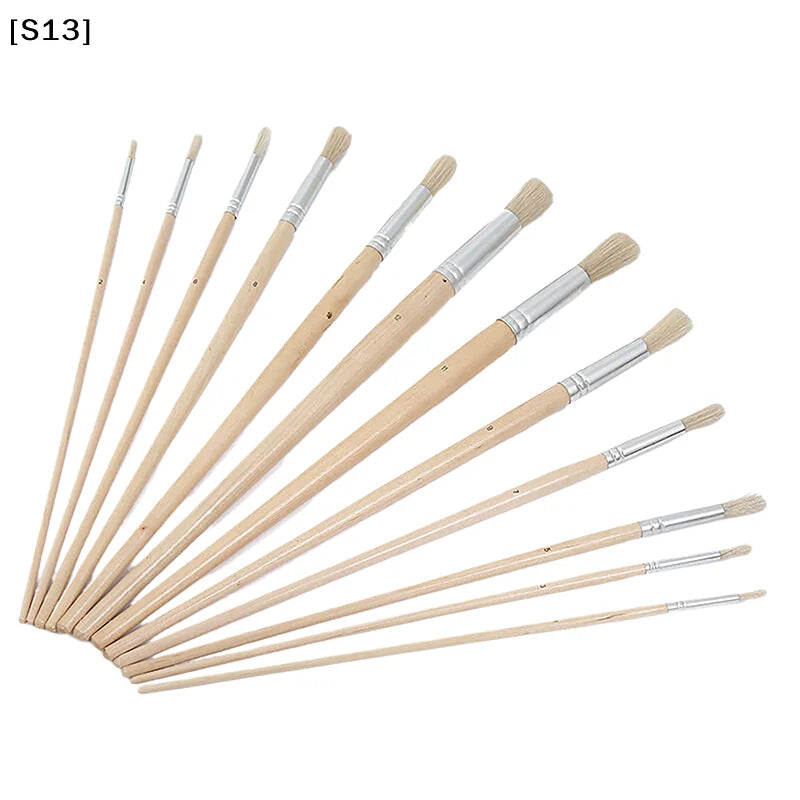 12Pcs Oil & Acrylic Art Brushes Set - Round Pig Bristle Hair with Long Wooden Handles