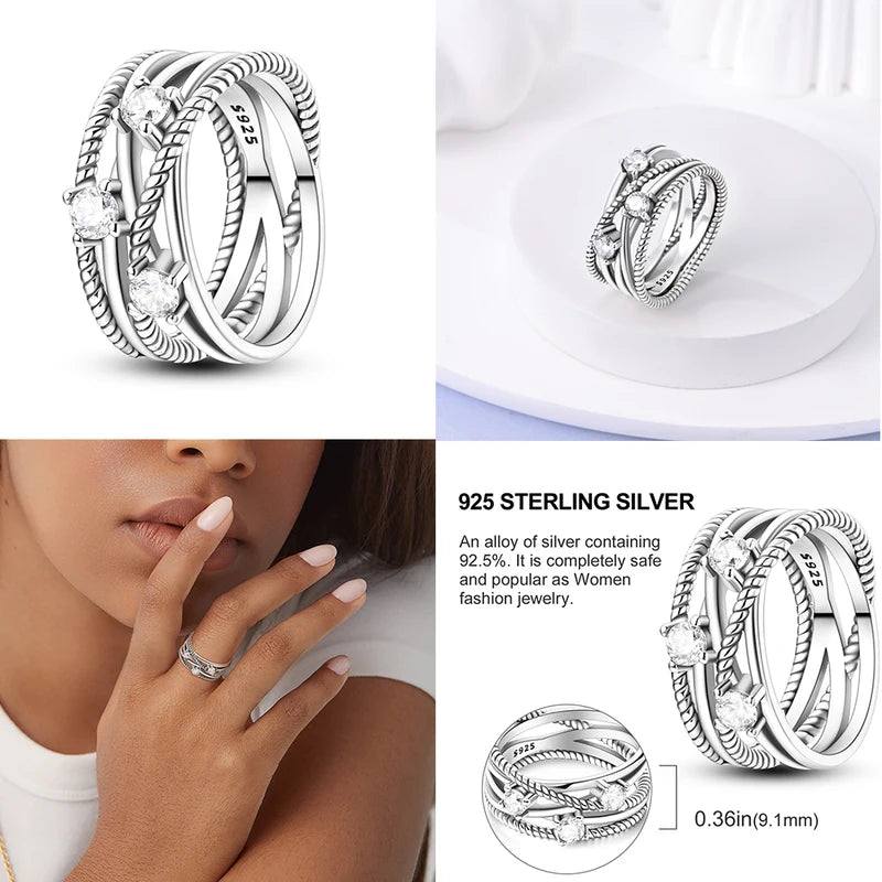 Women’s Sterling Silver Zircon Winding Engagement Wedding Ring Jewelry Gift