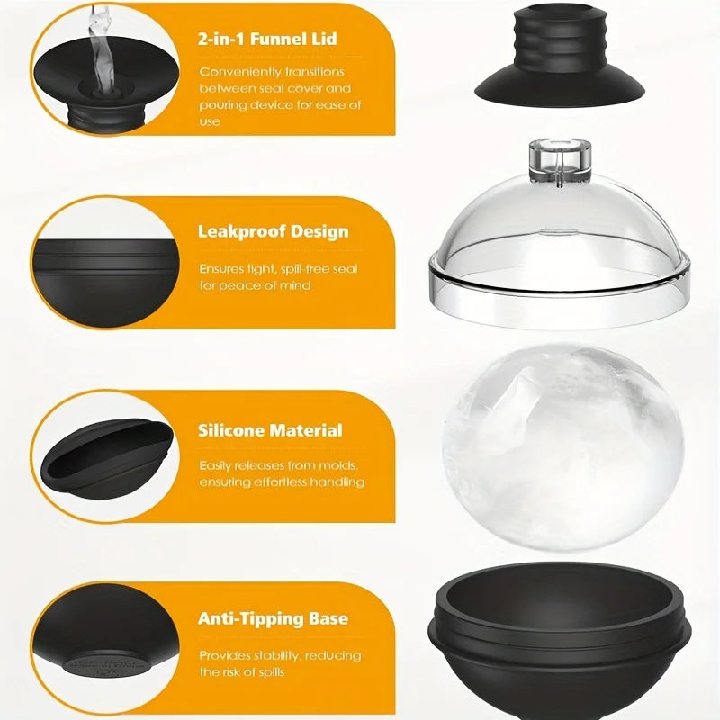 Large 2.4 Inch Silicone Ice Ball Maker for Whiskey & Cocktails with Funnel Lid Set