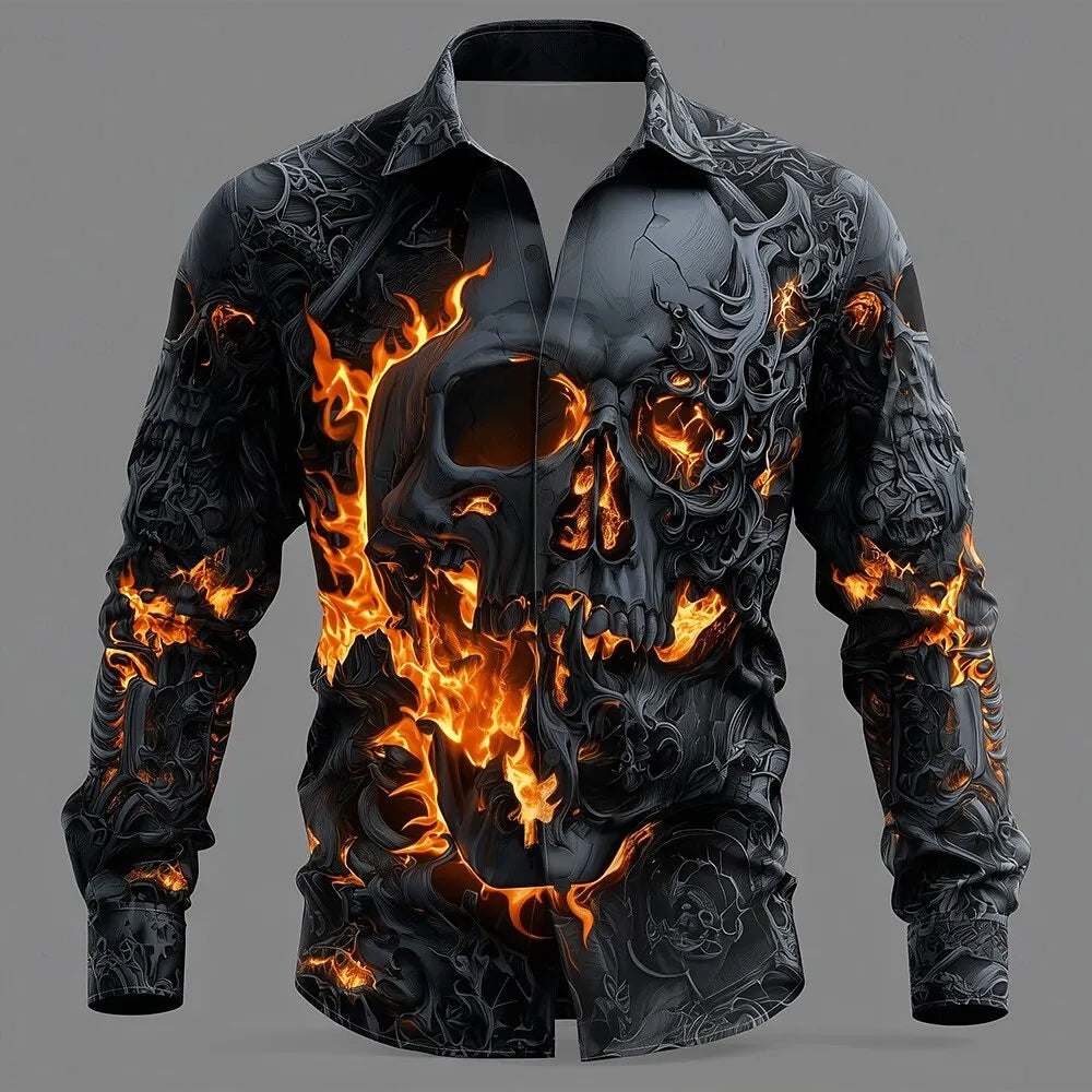 Halloween Skull Flame Gothic Men's Costume Shirt Long Sleeve Top - Fall Winter