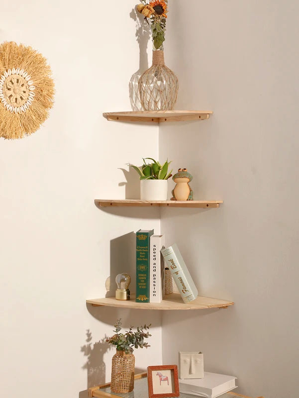 Floating Corner Wall Shelf with Scalloped Edges - Wooden Ledge for Living Room Bedroom Kitchen