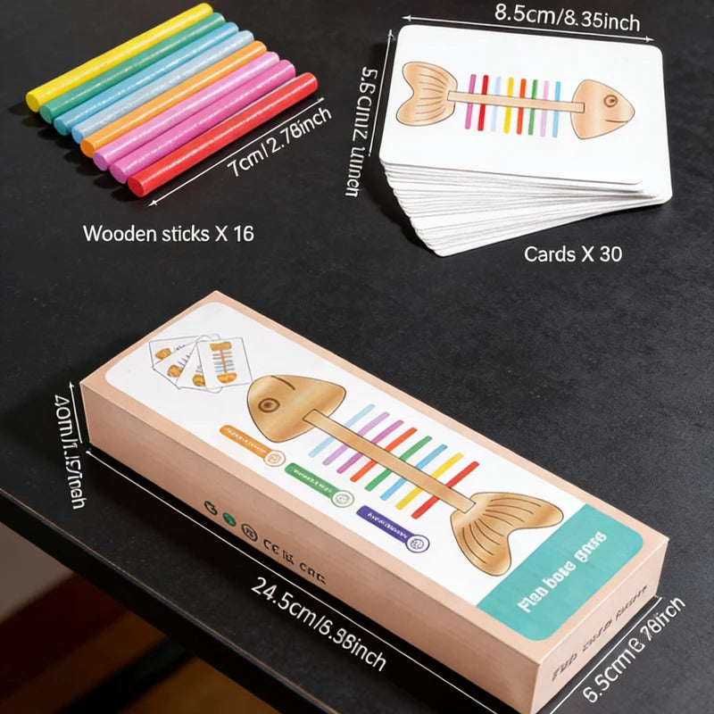 Wooden Fishbone Balance Toy for Kids - Educational Motor Skills Game, 30 Cards