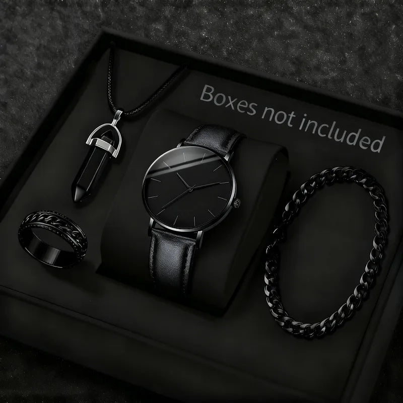Men's Fashion Watch Jewelry Set - Quartz Wristwatch, Necklace, Bracelet & Ring, Multiple Colors