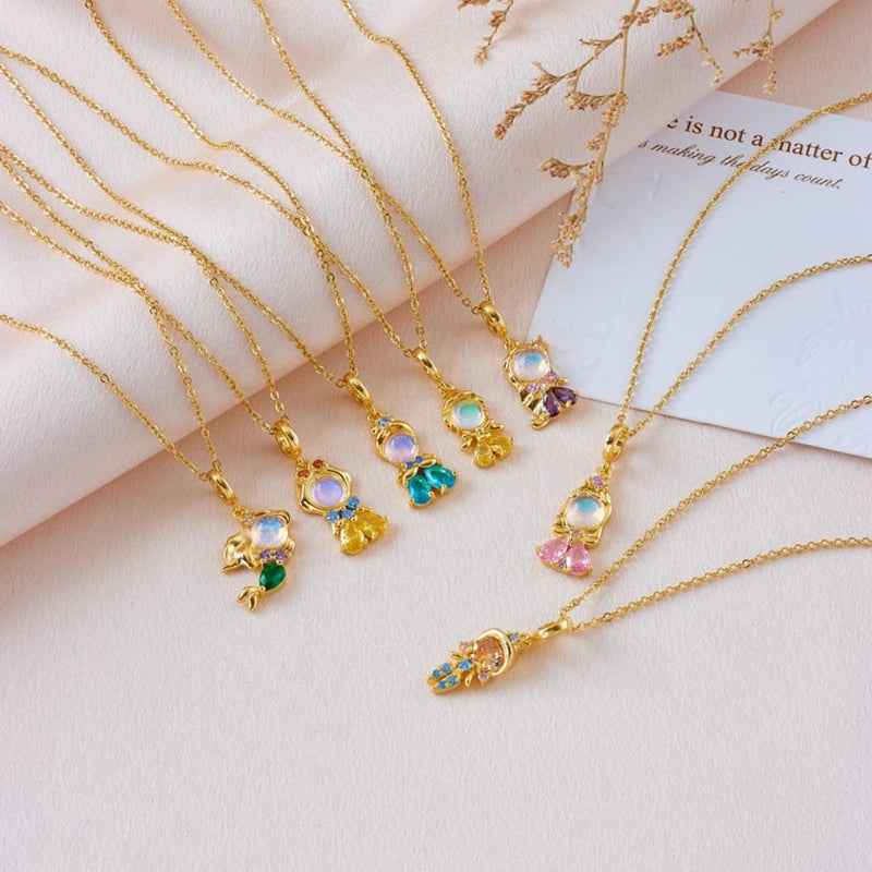 Colorful Zircon Fairy Tale Princess Necklace Gold-Plated Chain for Women