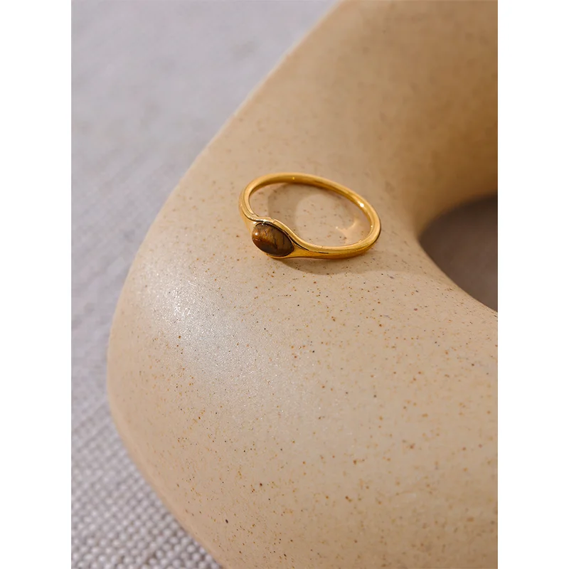 Minimalist Natural Stone Stainless Steel Gold Ring for Women Waterproof Jewelry Gift