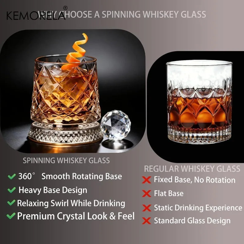 Rotating Whiskey Glass 360 Degree Crystal Beer Glass Thick Base for Bourbon Scotch