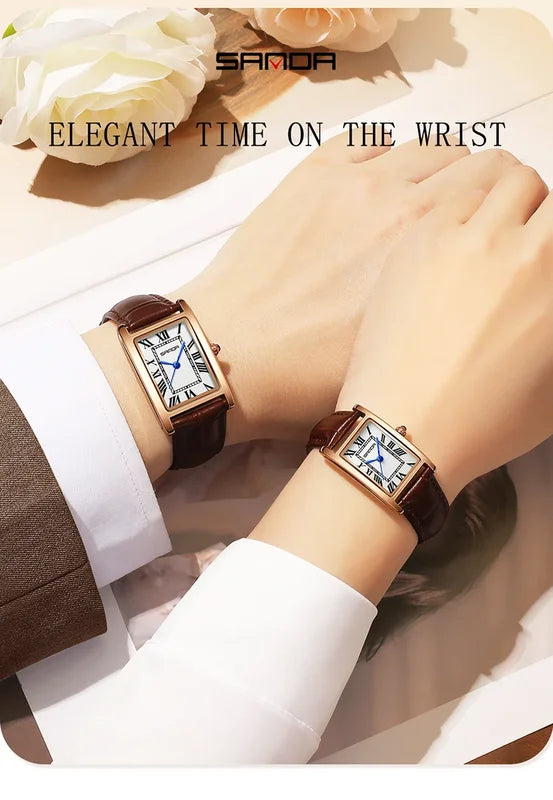 Luxury Couple Sports Watches with Waterproof Leather Straps - Quartz, Square Dial