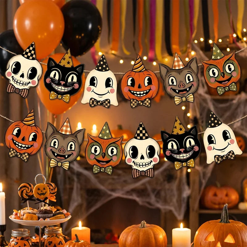 Halloween Banner Spooky Pumpkin Ghost Witch Black Cat Bunting - Holiday Home Decorations