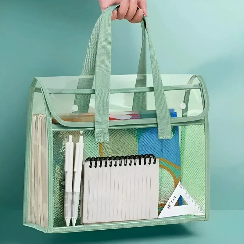Clear Green PVC Tote Bag with Multiple Pockets for School & Office Storage