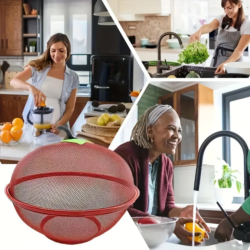 Heavy-Duty Metal Fruit Basket with Mesh Lid - Apple-Shaped Food Storage Container