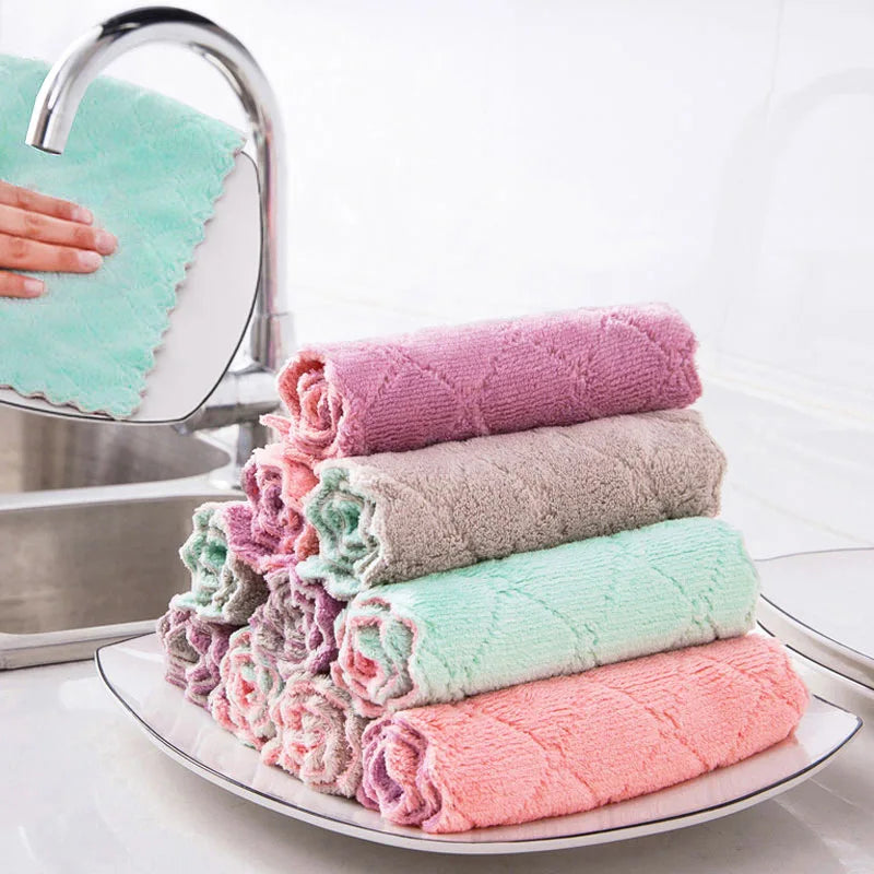 Double-Layer Microfiber Cleaning Cloths Set - Absorbent Dish Towels for Kitchen