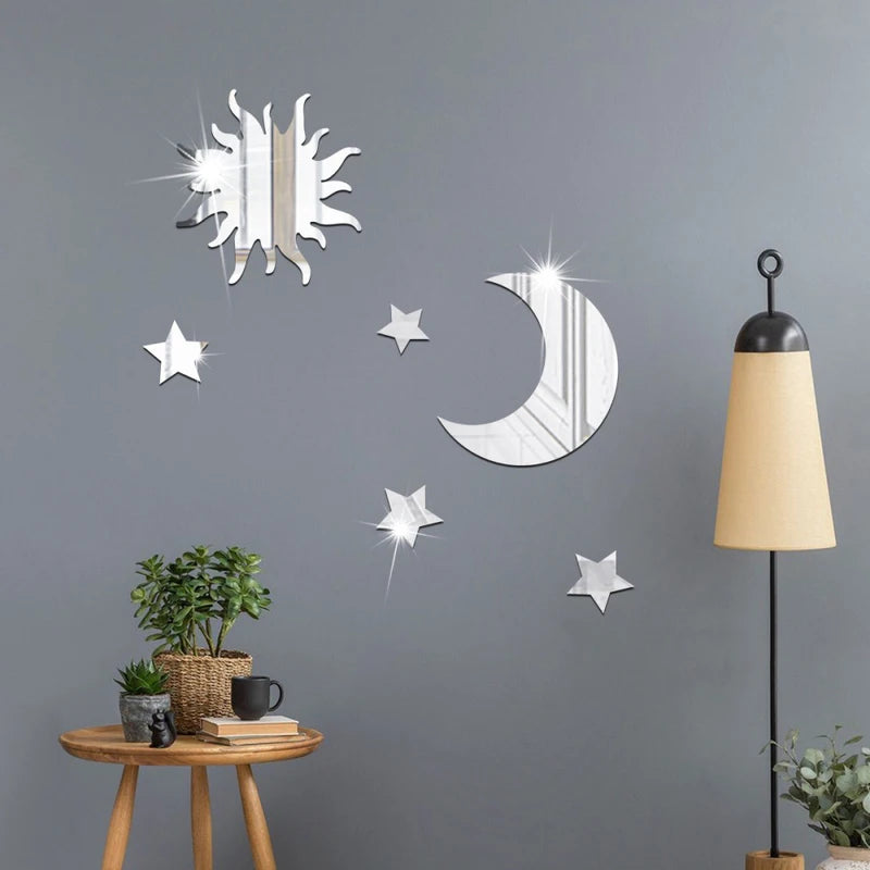 6PCS Star Moon Acrylic Mirror Wall Stickers - Self-Adhesive Decor for Bedroom & Living Room