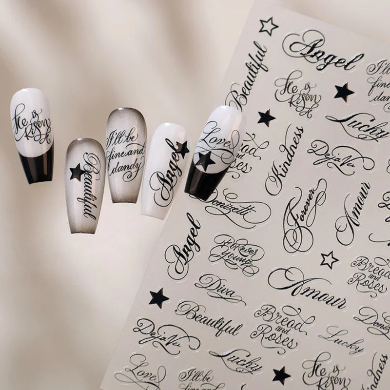 Retro Cursive Letter Nail Decals Set - 5D Vintage Nail Art Stickers for Manicure