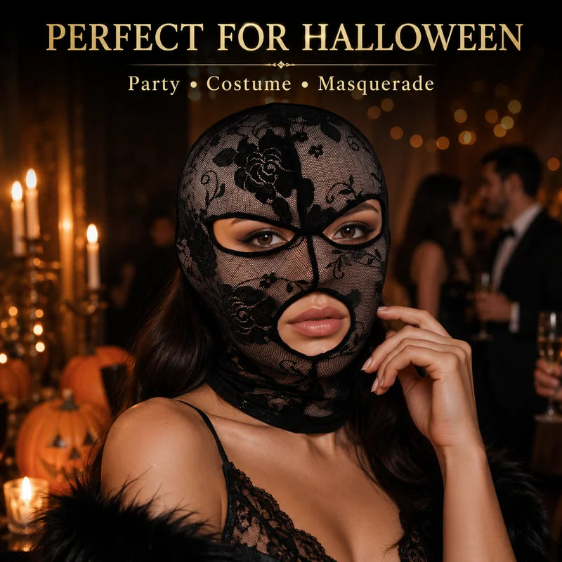 Gothic Lace Full Face Mask for Halloween Cosplay - Stretch Mesh Hood with Eye & Mouth Openings