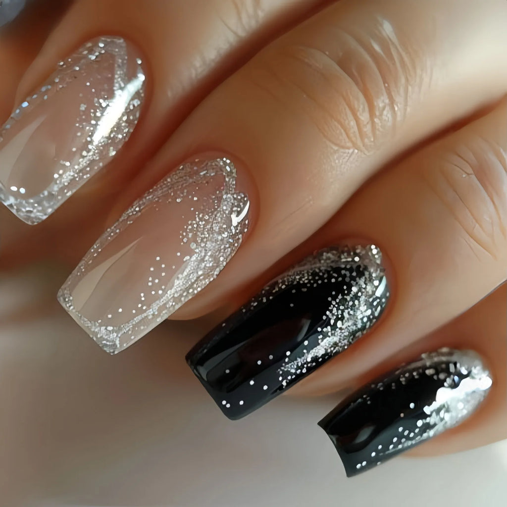 24 Pcs Short Glitter Fake Nails with Flowers and Starry Sky Design - Press On Art Tips, Multiple Colors