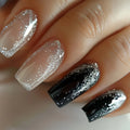 24 Pcs Short Glitter Fake Nails with Flowers and Starry Sky Design - Press On Art Tips, Multiple Colors