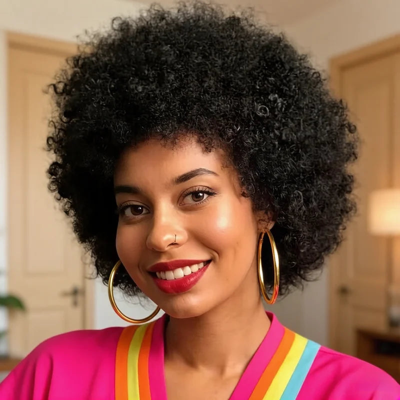Natural Black Afro Kinky Curly Human Hair Wig Short Voluminous Style