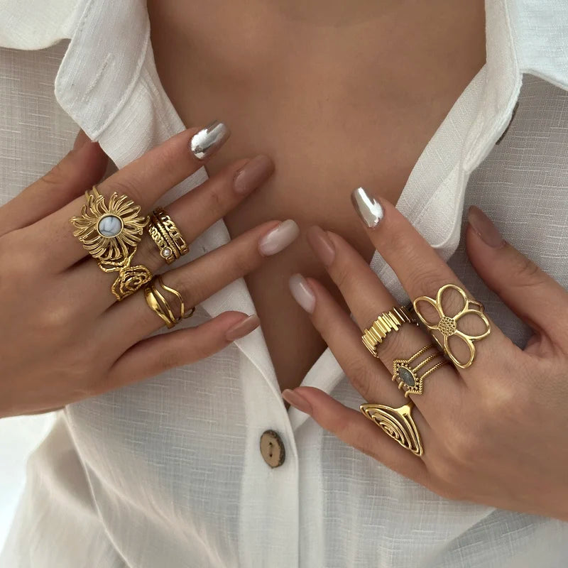 Vintage Geometric Stainless Steel Rings Set for Women Irregular Natural Stone Jewelry