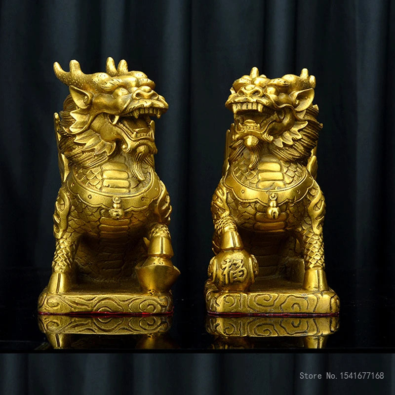 Copper Qilin Sculpture Set for Home & Office Decor - Animal Art Ornaments