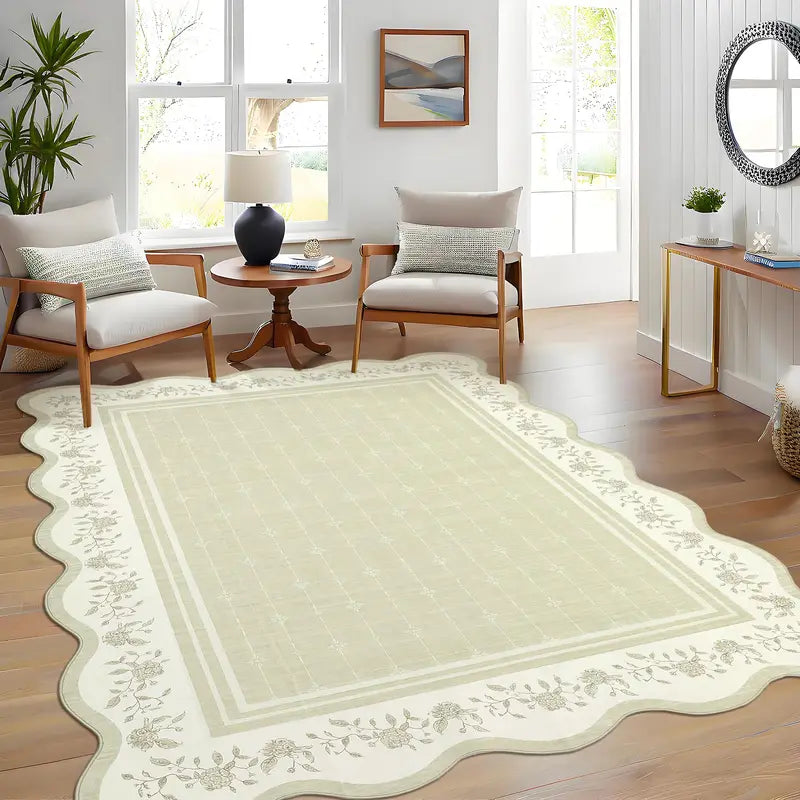 8x10 Beige Scalloped Edge Washable Area Rug - Low Pile, Stain-Resistant Floor Carpet for Living Room & Bedroom