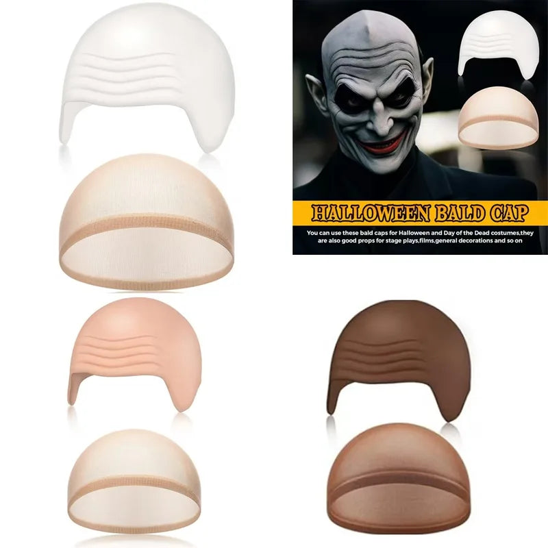 Cosplay Bald Outfit Accessories Set Latex Bald Hat Nylon Wig Cap for Halloween Christmas Party