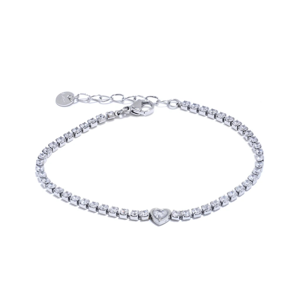 Delicate Heart Chain Bracelet Bangle with Cubic Zirconia Stainless Steel Jewelry