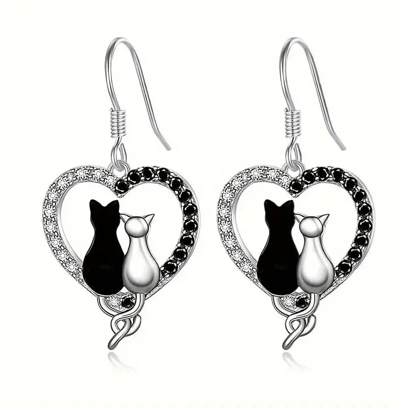 Couple Cats Love Earrings for Women - Cute Heart-Shaped Hanging Jewelry