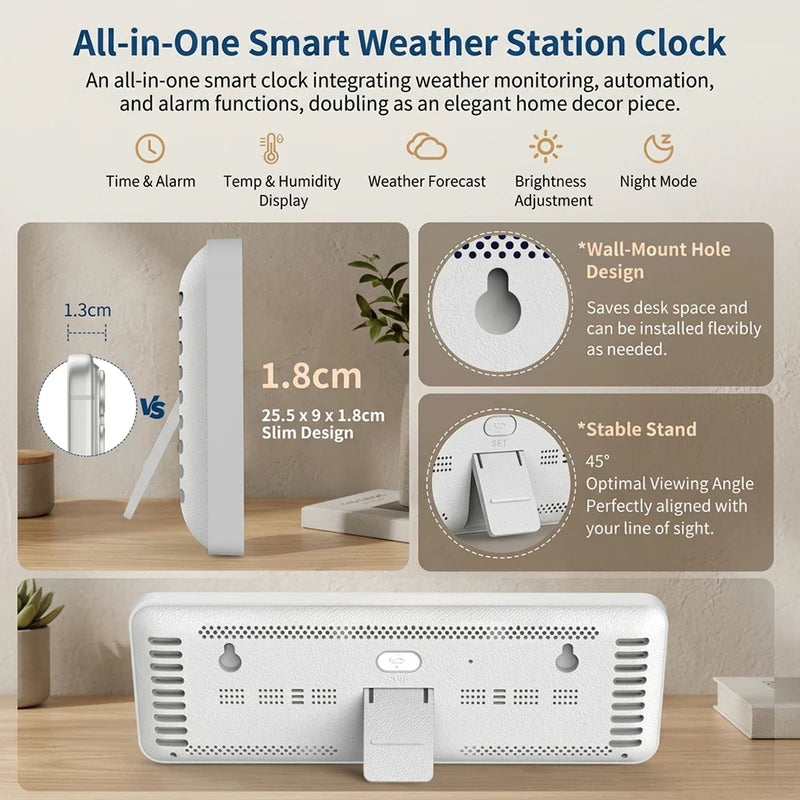 WiFi Smart Weather Clock with Indoor Temp & Humidity Display, Alarm & App Control