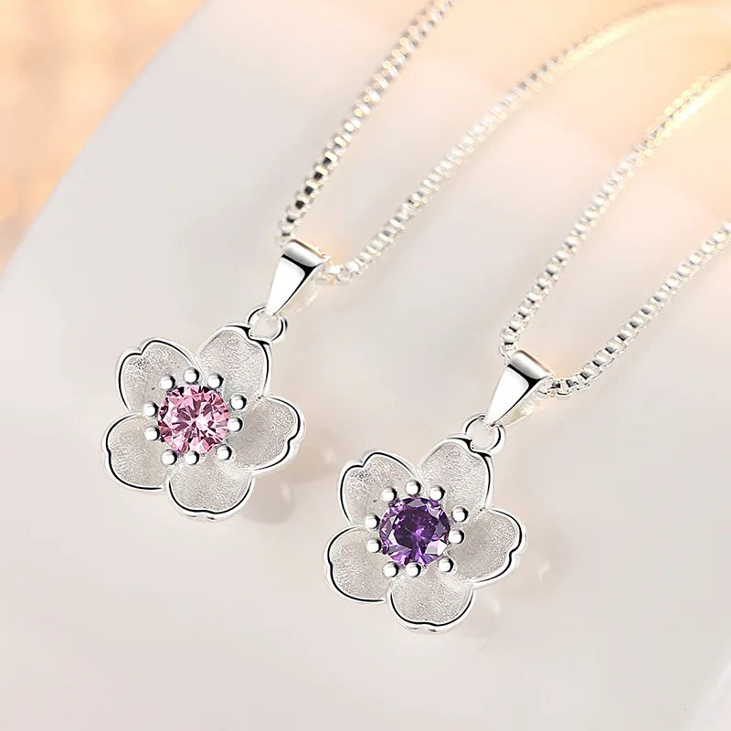 Sterling Silver Pink Purple Peach Blossom Necklace for Women Luxury Jewelry