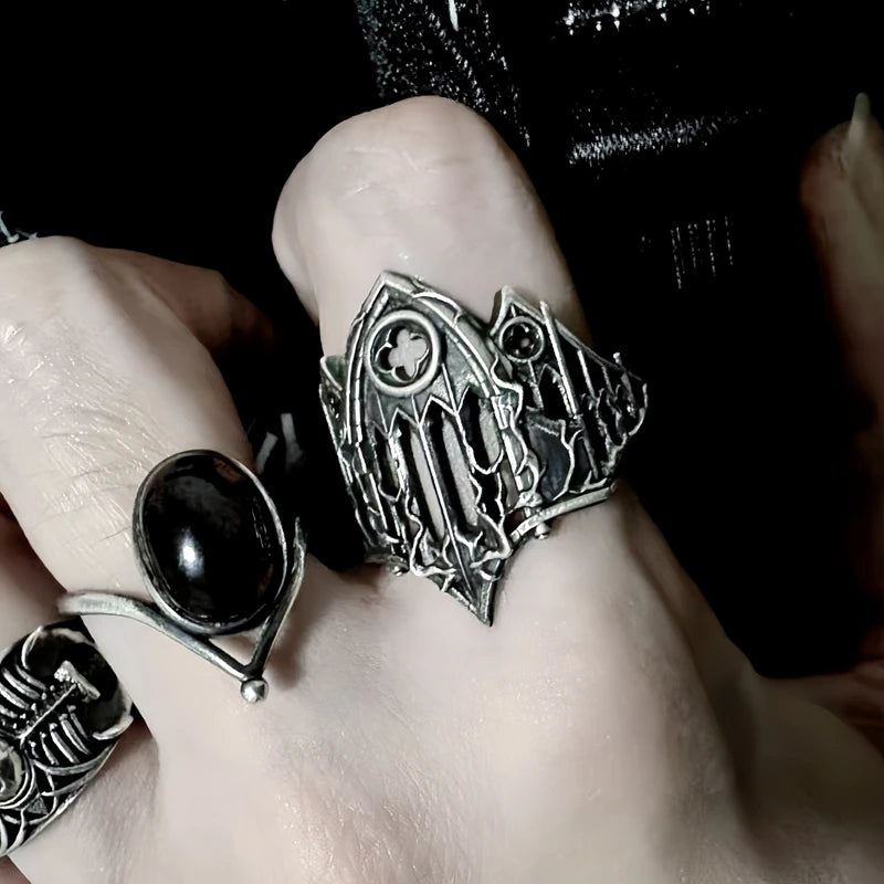 Retro Gothic Cathedral Open Ring for Men Silver-Plated Brass Dark Indie Jewelry