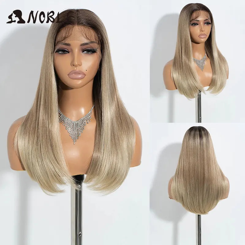 Synthetic Lace Front Wig 22 Inch Straight Bob Style with Dark Root Blonde for Women