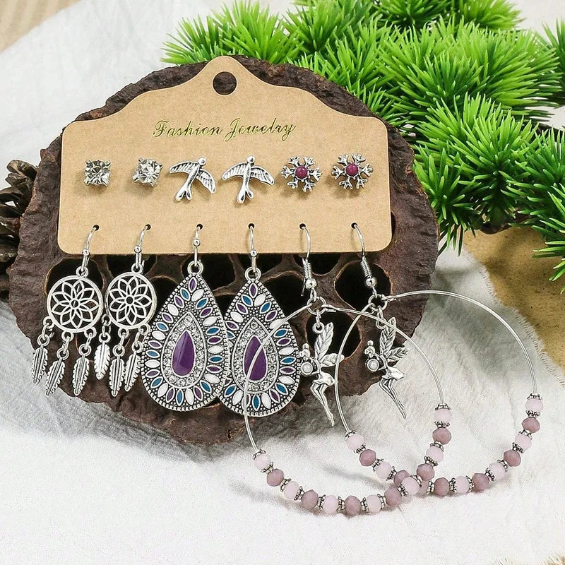 Boho Ethnic Pendant and Round Earrings Set for Women - Vintage Jewelry