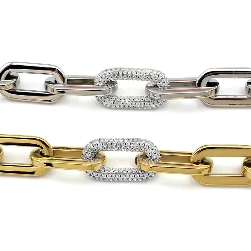 Fashion Women Chunky Chain Bracelets with Rhinestones - Stainless Steel Link Jewelry