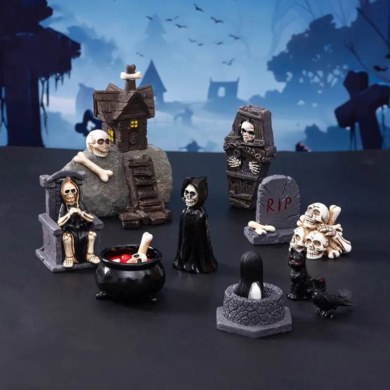 Halloween Miniature Figurine Bone Skull Coffin House Chair Ghost Decor Resin