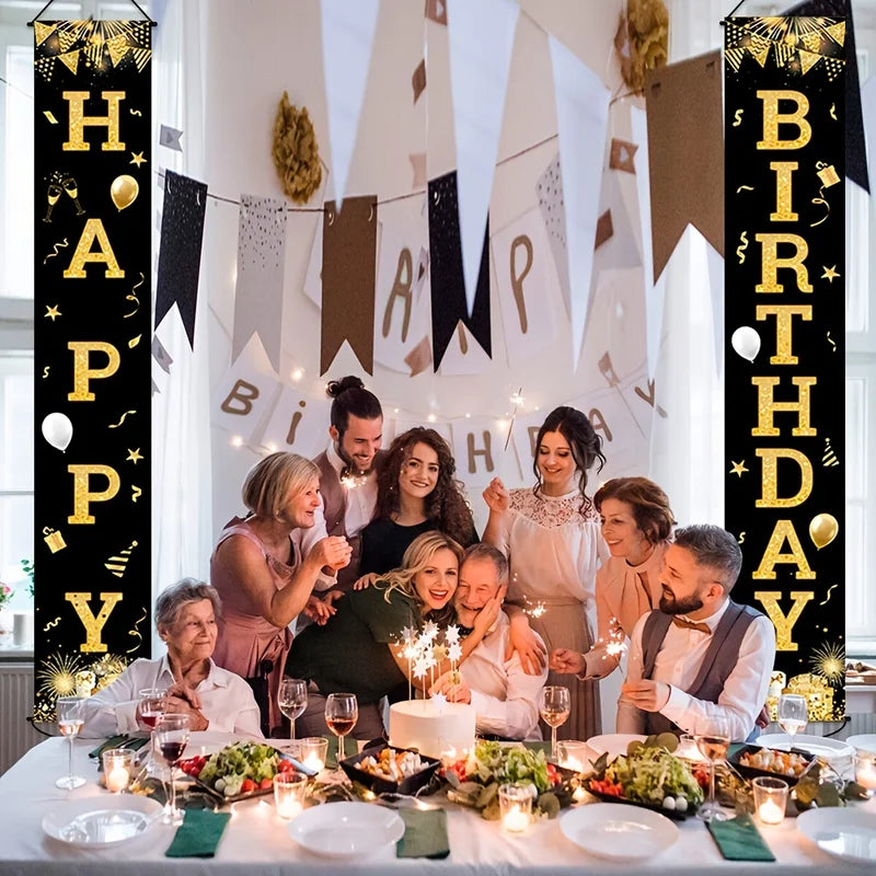 Outdoor Happy Birthday Banner Set - Black & Gold Wall Door Porch Decoration