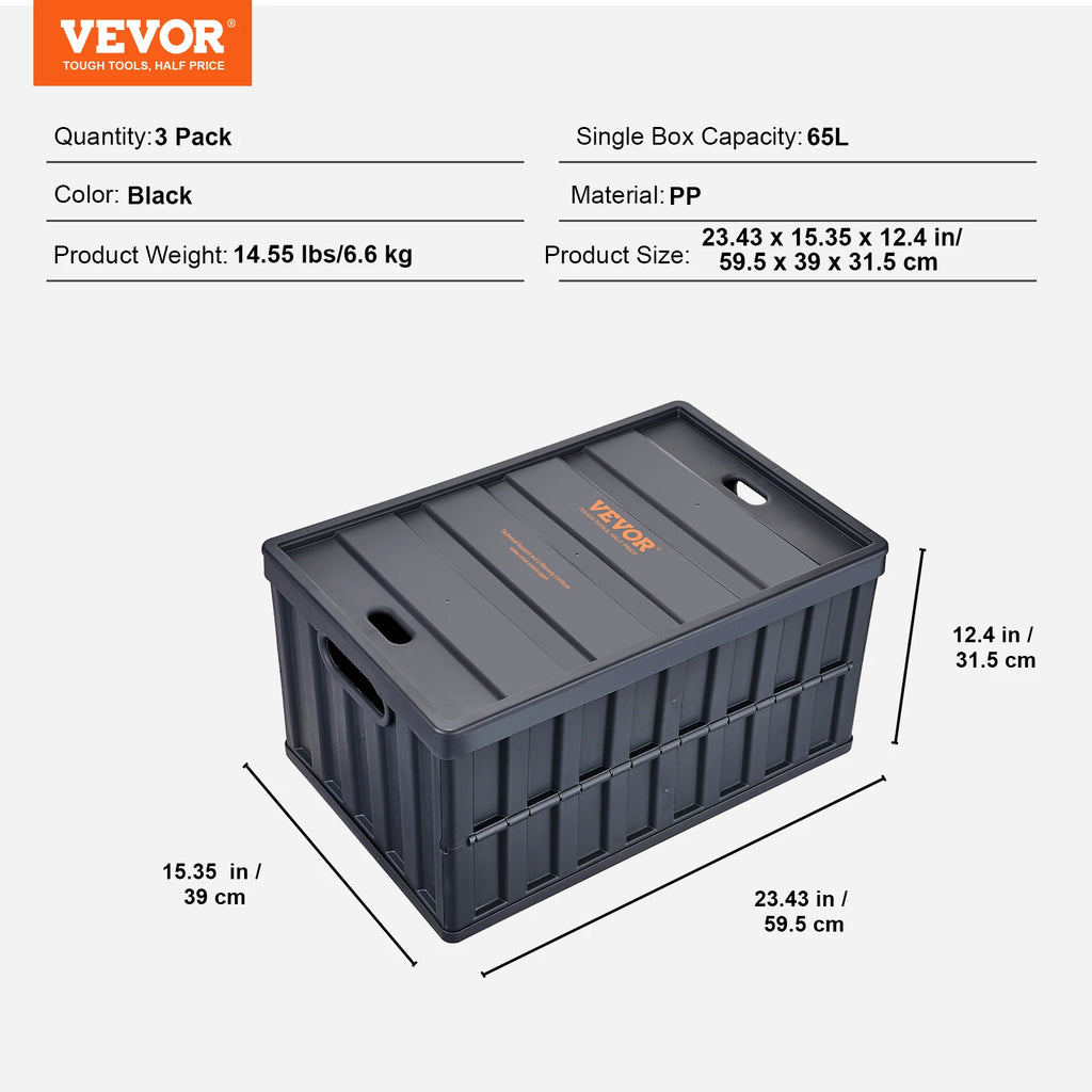 Set of 3 Collapsible Storage Bins with Lids - 45L/65L Space Saving Organizers