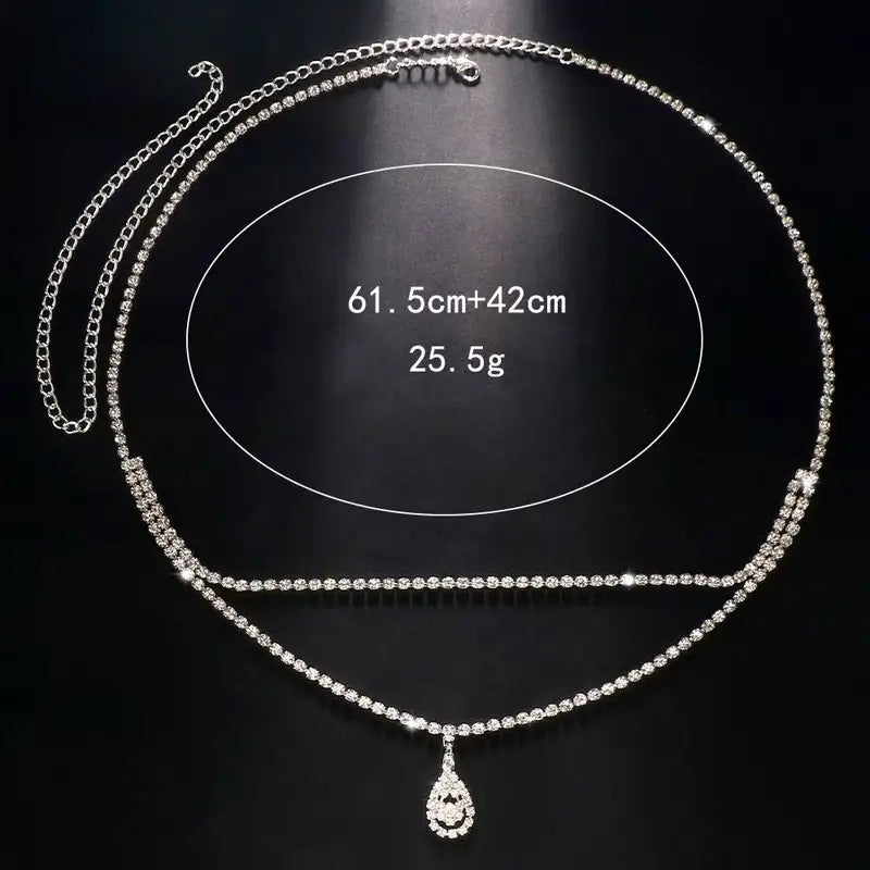 Luxury Rhinestone Double Chain Water Drop Waist Body Jewelry for Women Crystal Belly Chain