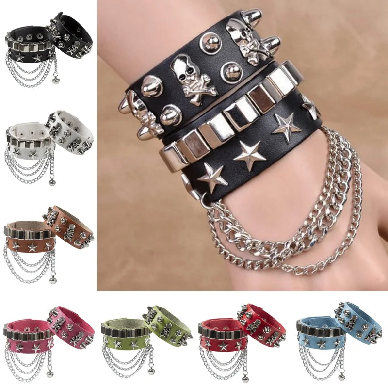 2-Pack Emo Goth Punk Leather Bracelets with Skull Rivets & Metal Chain