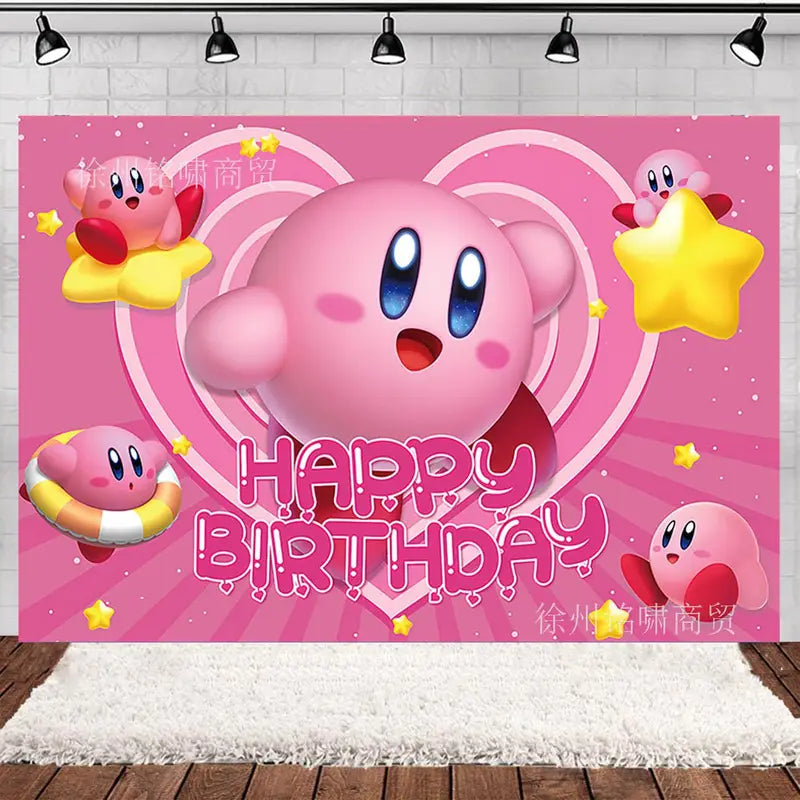 Disposable Birthday Party Cutlery and Plate Set with Banner and Balloons - Kirby Themed Celebration Supplies