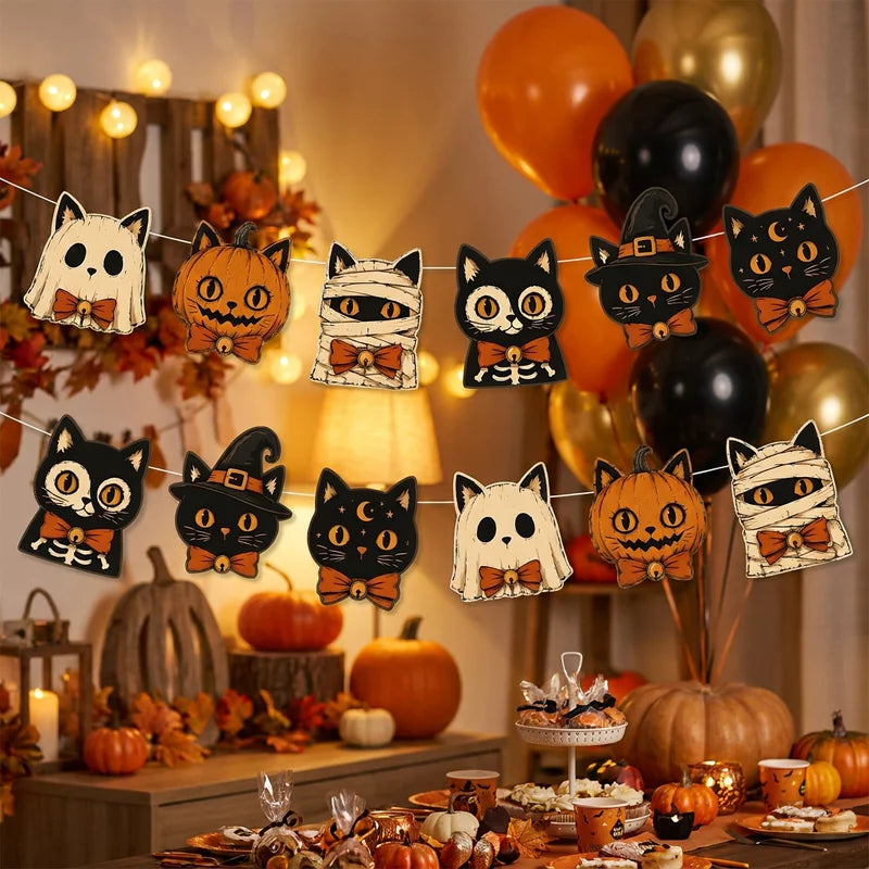 Halloween Banner Spooky Pumpkin Ghost Witch Black Cat Bunting - Holiday Home Decorations