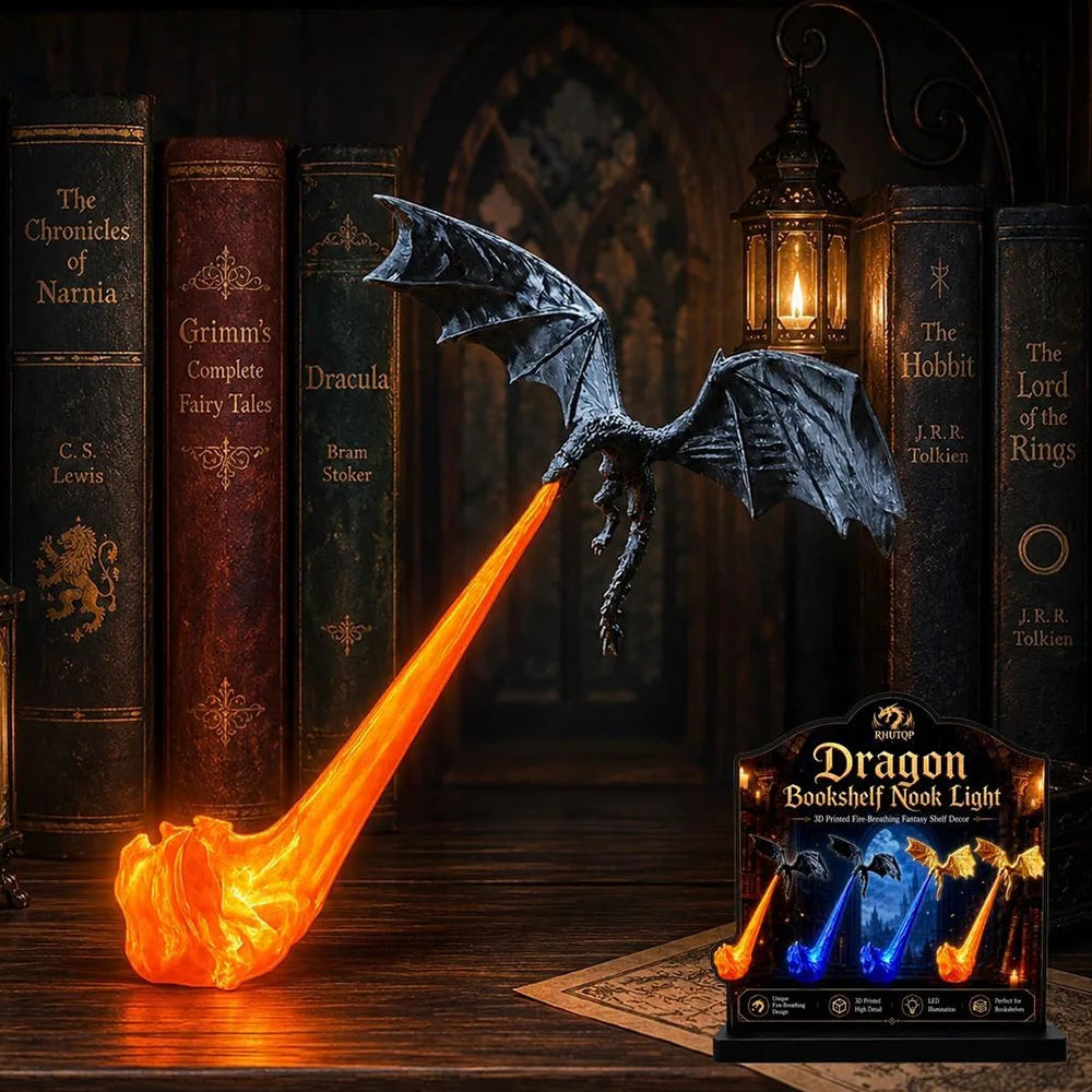 Fire Breathing Dragon Book Nook Light - 3D Printed Flying Dragon Shelf Decor