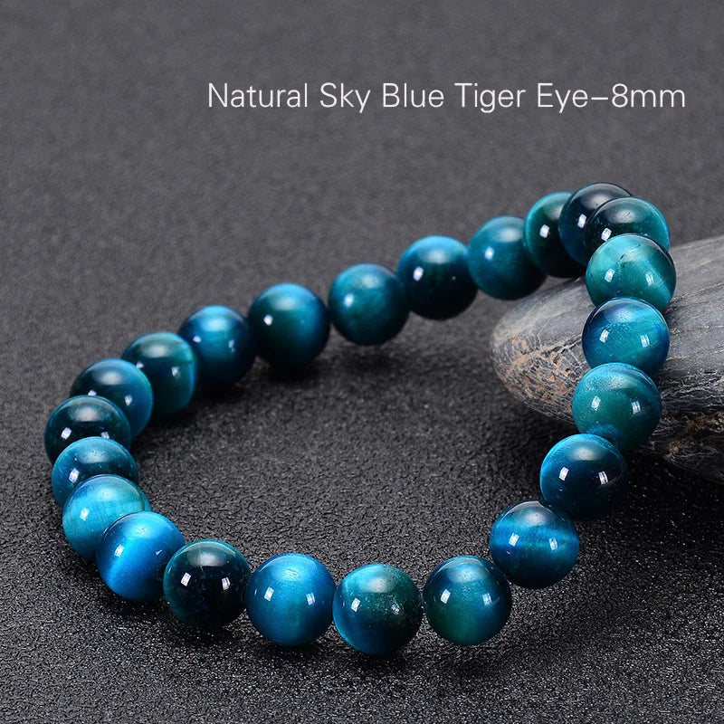 Minimalist Blue Tiger Eye Stone Beaded Bracelet Natural Round Beads Jewelry